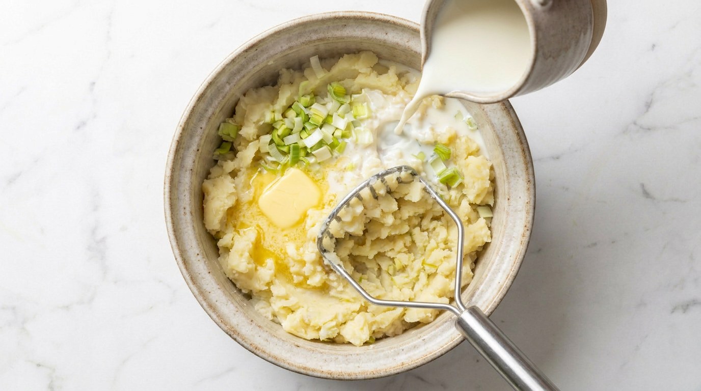 Stap 3: Giet de aardappelen af en stamp ze fijn met de warme melk en boter.