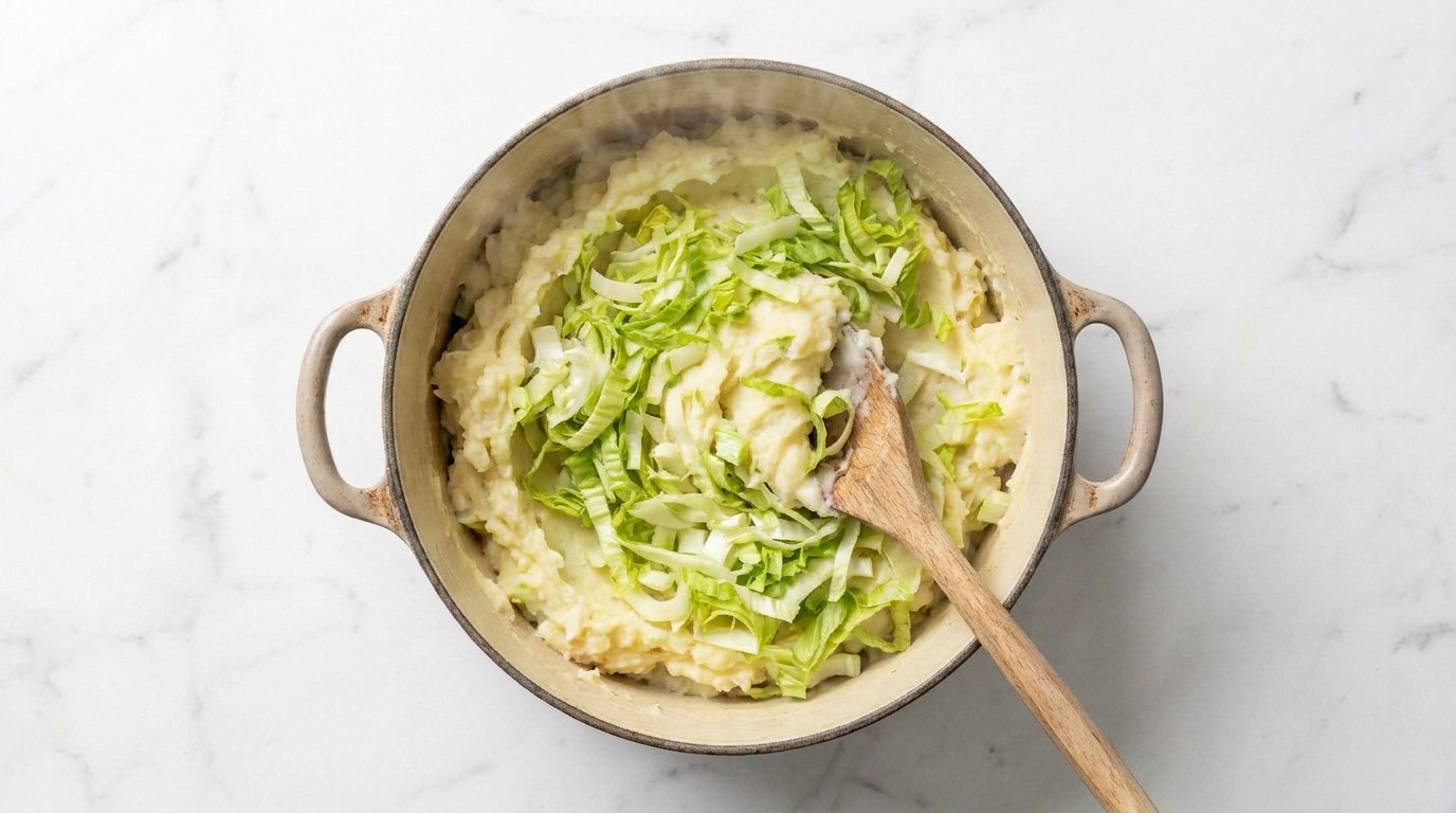 Stap 4: Schep de rauwe andijvie en de kaas door de warme puree zodat de andijvie slinkt.