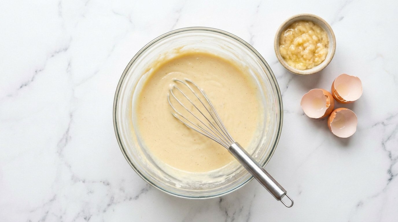 Stap 1: Prak de bananen fijn in een kom en klop de eieren, melk, havermeel en het bakpoeder erdoor tot een glad…