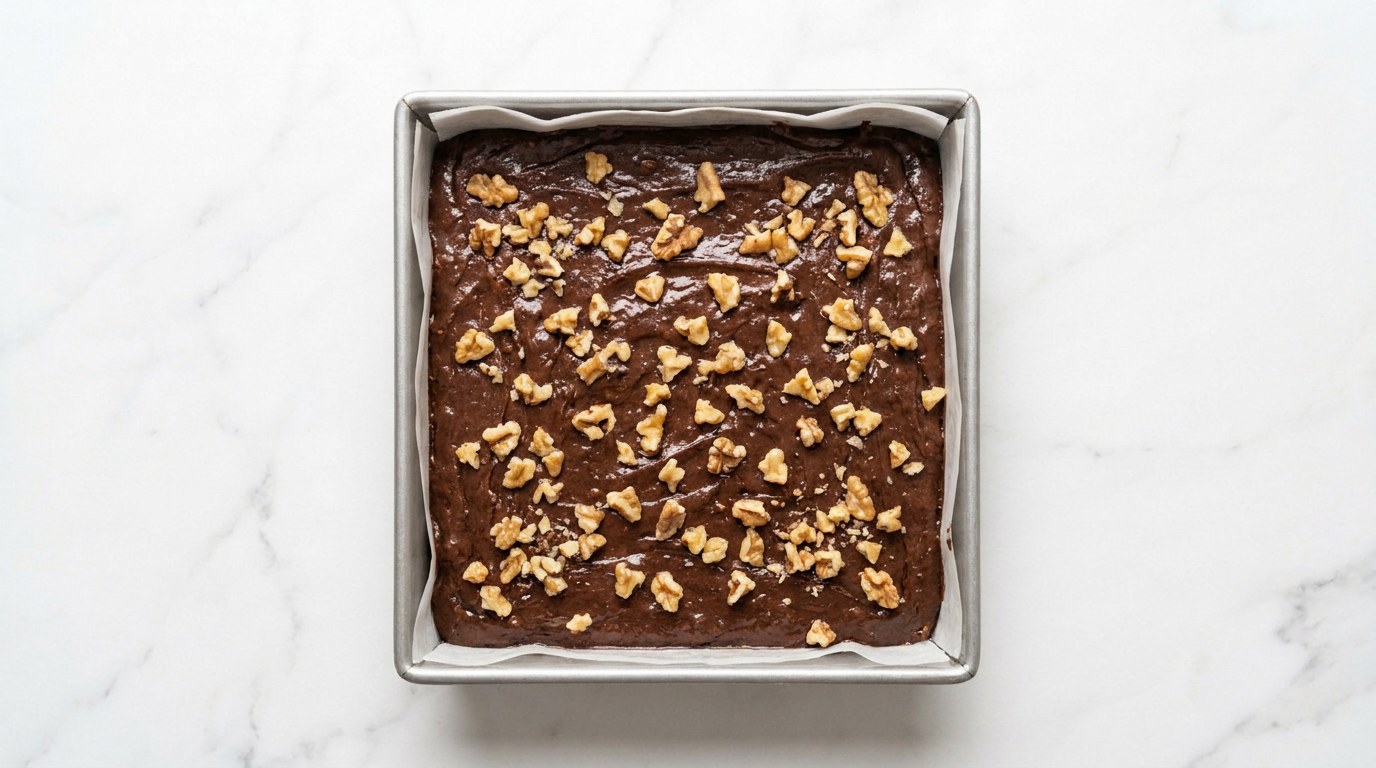 Stap 4: Spatel de bloem, cacao, zout en grof gehakte walnoten erdoor.