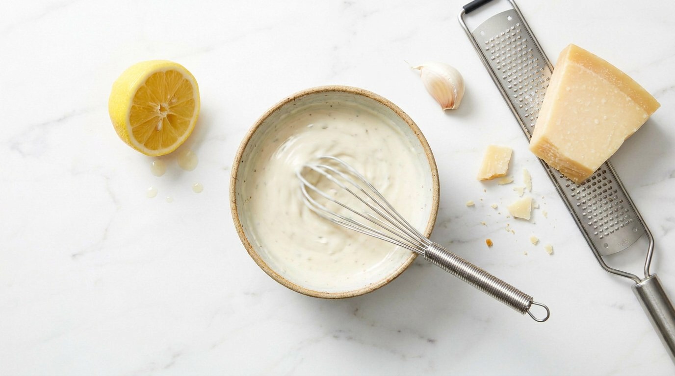 Stap 3: Roer de dressing van mayonaise, citroensap, geperste knoflook en geraspte Parmezaan.