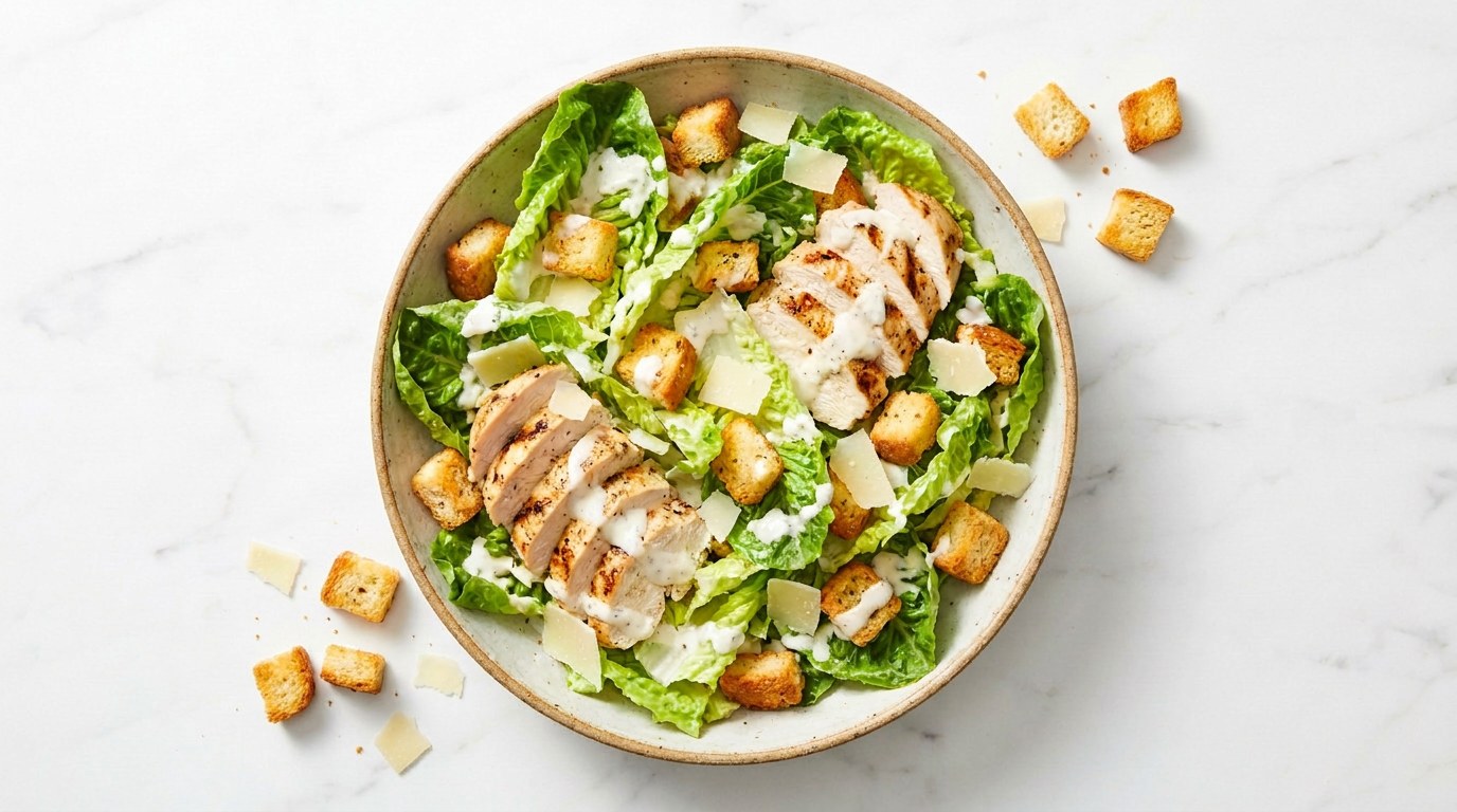 Stap 5: Verdeel de kip en croutons erover en maak af met Parmezaanschaafsel.