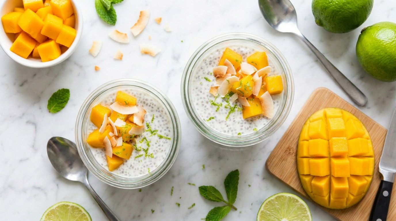 Stap 4: Snijd de mango in blokjes en schep ze op de pudding met kokosrasp en limoenrasp.