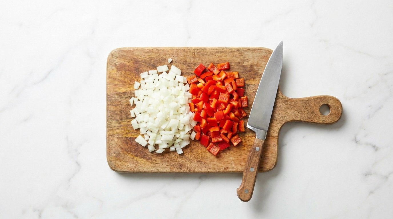 Stap 1: Snipper de ui en snijd de paprika in blokjes.