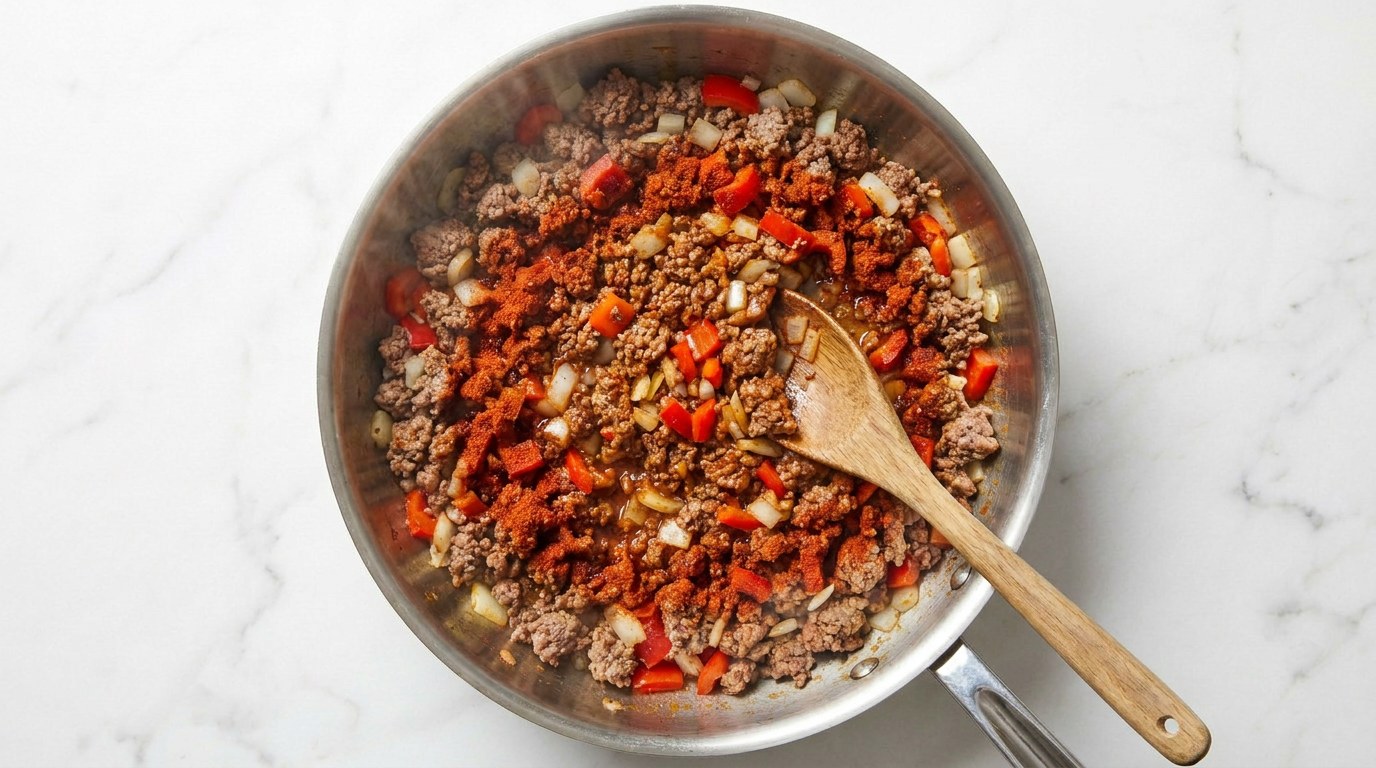 Stap 2: Bak het gehakt rul en voeg de ui, paprika en specerijen toe.