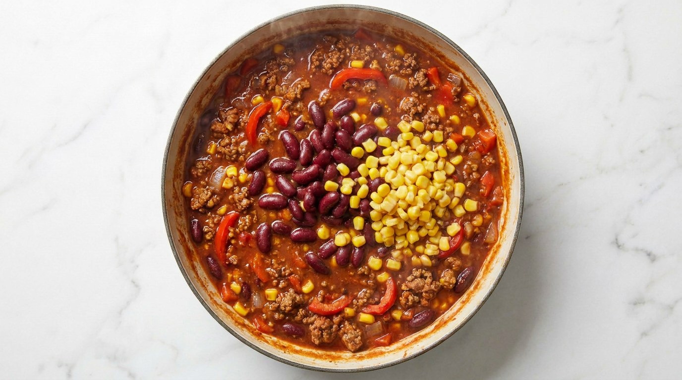 Stap 4: Roer de uitgelekte bonen en mais erdoor en warm nog 5 minuten mee.