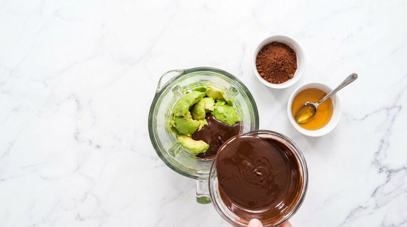 Stap 3: Voeg de gesmolten chocolade, cacaopoeder, honing, melk en een snufje zout toe.