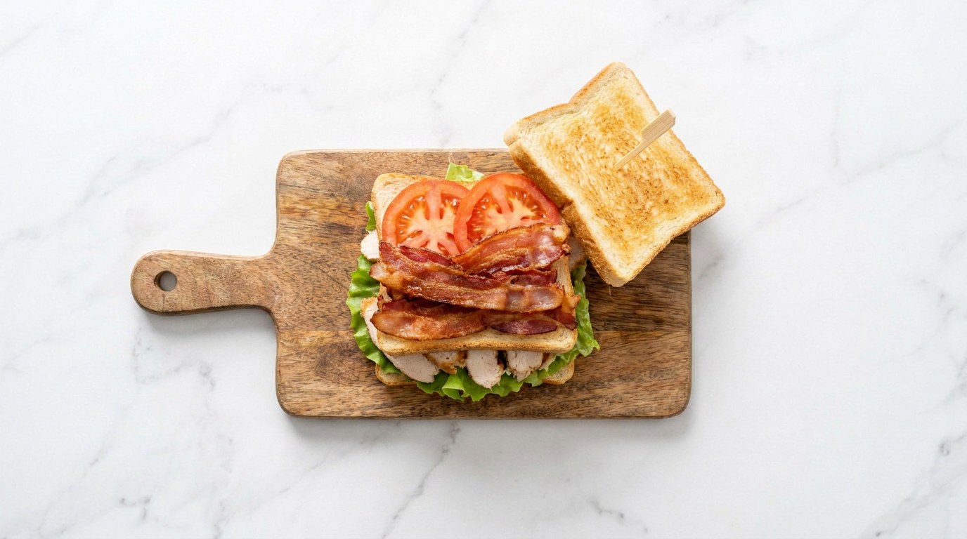 Stap 3: Stapel per sandwich: brood, sla, kip, brood, bacon, tomaat en sluit af met een derde sneetje.
