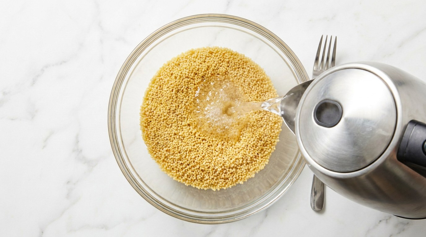 Stap 1: Giet kokend water over de couscous, dek af en laat 10 minuten wellen. Roer los met een vork.