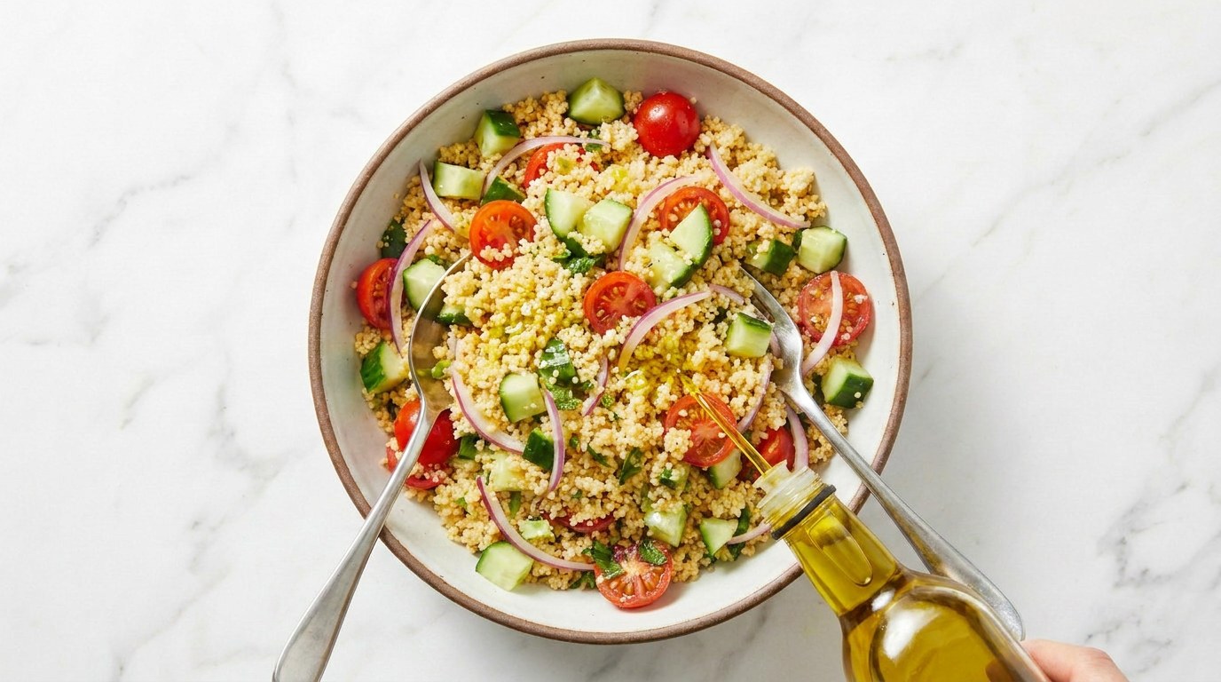 Stap 3: Meng de groenten door de couscous met olijfolie, citroensap, zout en peper.