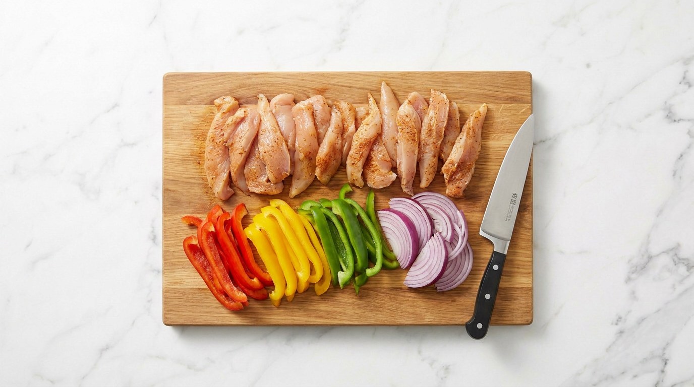 Stap 1: Snijd de kip, paprika's en rode ui in dunne reepjes.