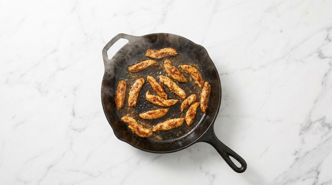 Stap 2: Bak de kip met de fajitakruiden goudbruin in een hete pan.