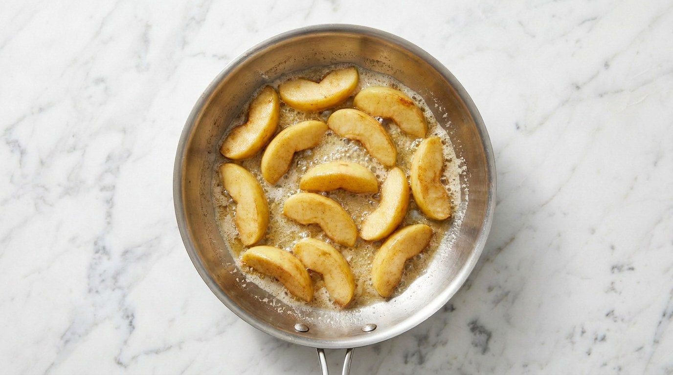 Stap 2: Smelt de boter in een koekenpan en bak de appelpartjes 5 minuten.