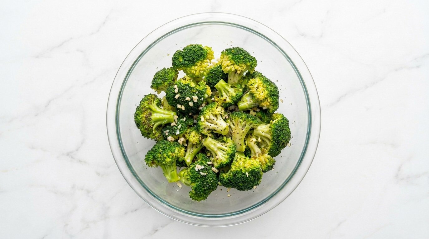 Stap 2: Snijd de broccoli in roosjes en meng met olijfolie, knoflook, zout en peper.