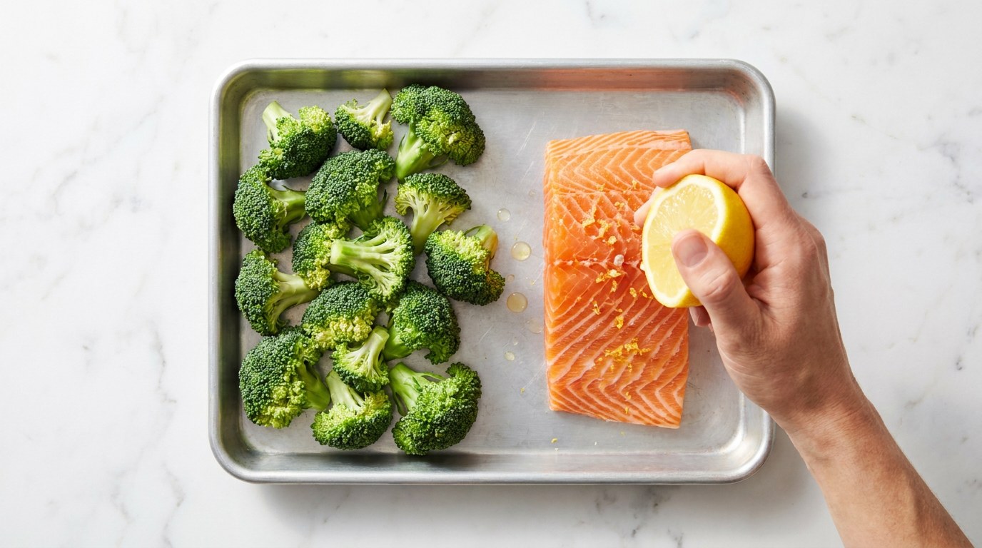 Stap 3: Leg de zalm en broccoli op een bakplaat en besprenkel de zalm met citroensap.