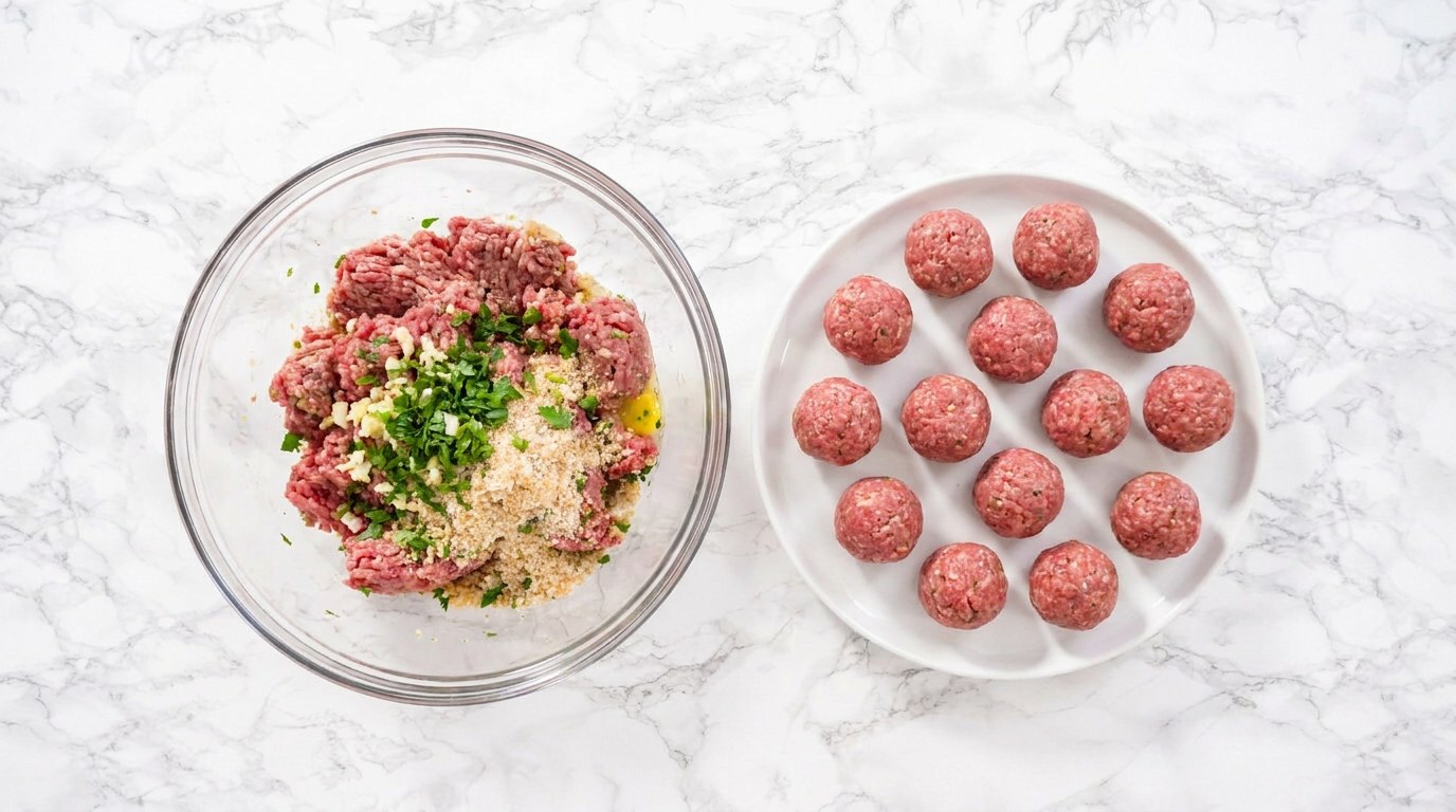 Stap 1: Meng het gehakt met het paneermeel, ei, oregano, zout en peper en draai er balletjes van.