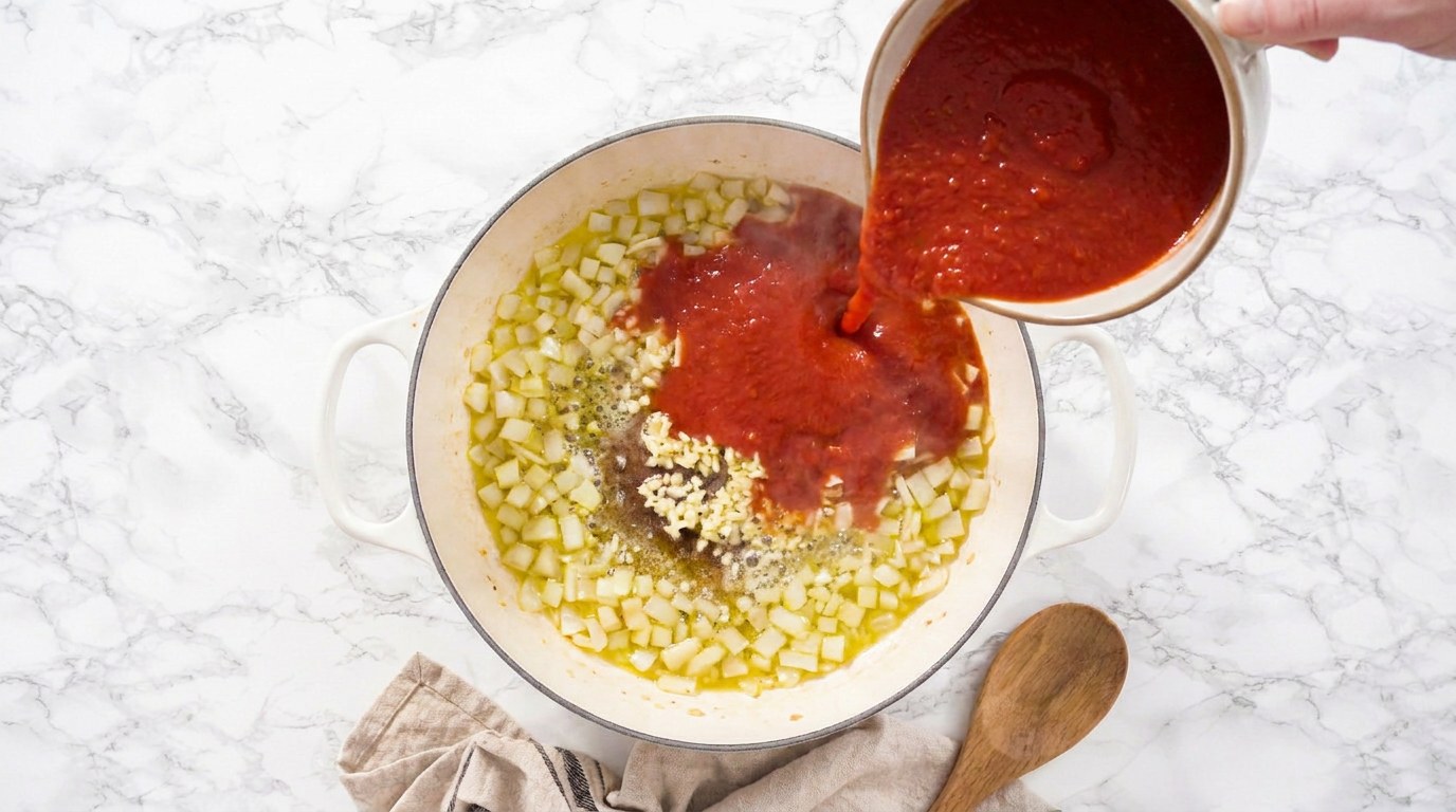Stap 3: Fruit de ui en knoflook en giet de gezeefde tomaten erbij.