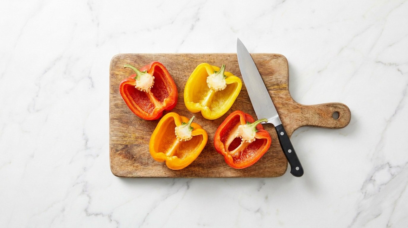 Stap 1: Verwarm de oven voor op 200 graden, halveer de paprika's en verwijder de zaadlijsten.