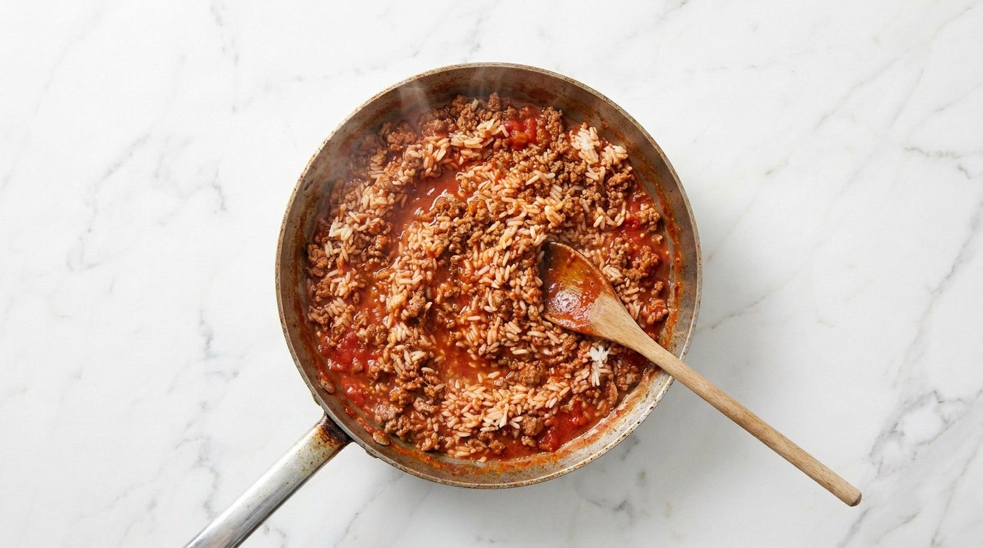 Stap 3: Roer de rijst en gezeefde tomaten door het gehakt.