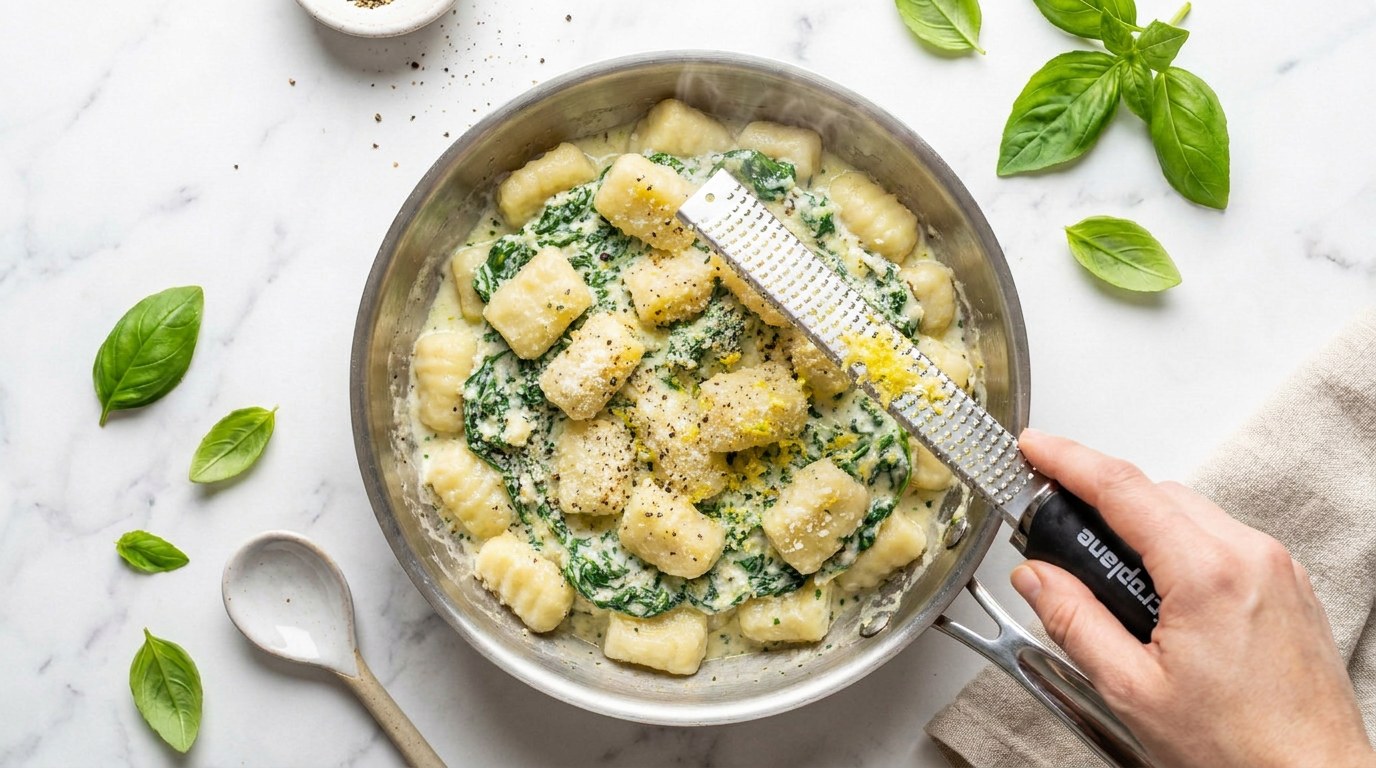 Stap 4: Schep de gnocchi door de saus en breng op smaak met citroenrasp, zout en peper.