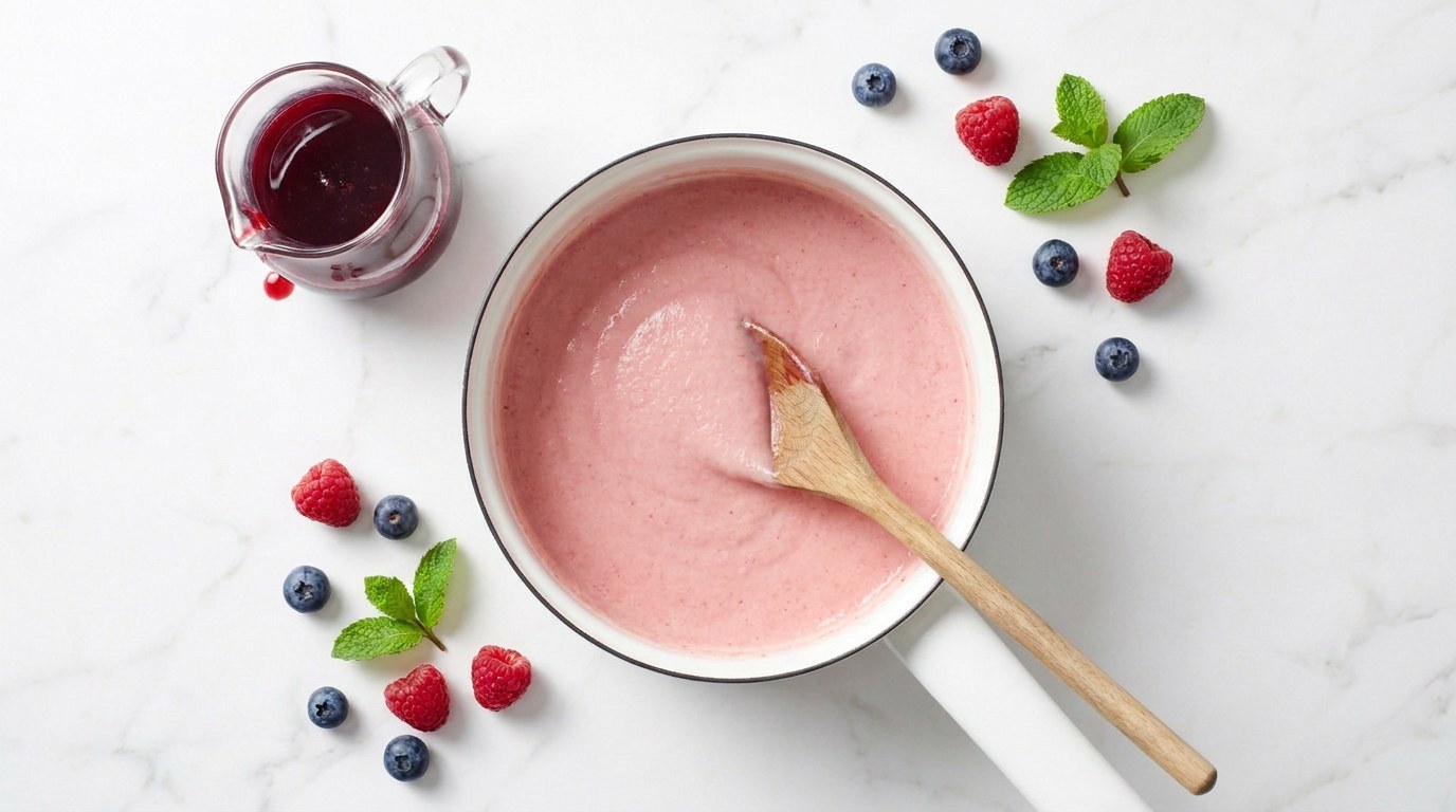 Stap 3: Roer een scheutje bessensap door de pudding voor de roze kleur.