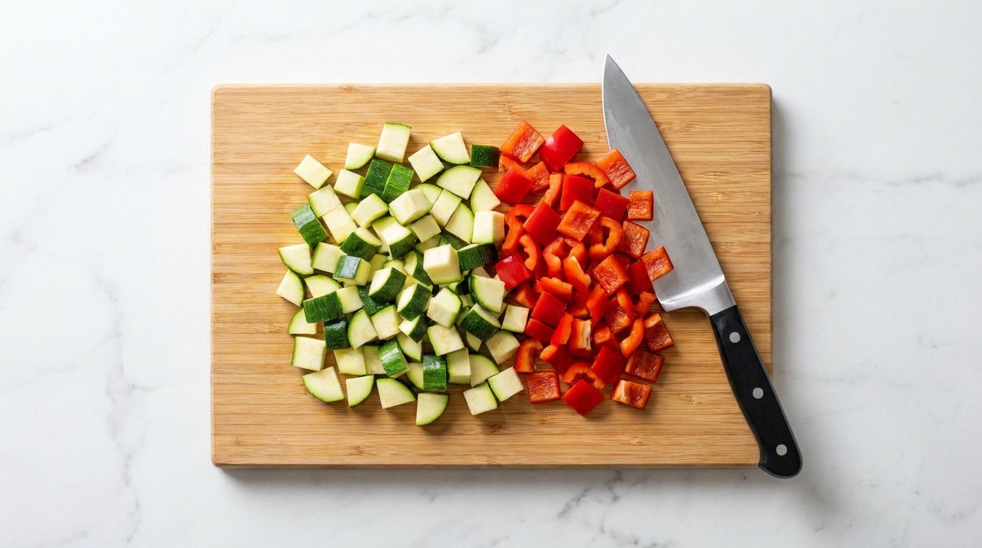 Stap 1: Verwarm de oven voor op 200 graden en snijd de courgette en paprika in blokjes.