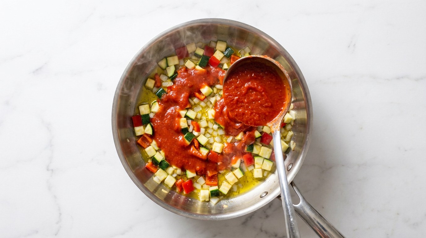 Stap 2: Fruit de ui, bak de groenten mee en voeg de gezeefde tomaten en kruiden toe.