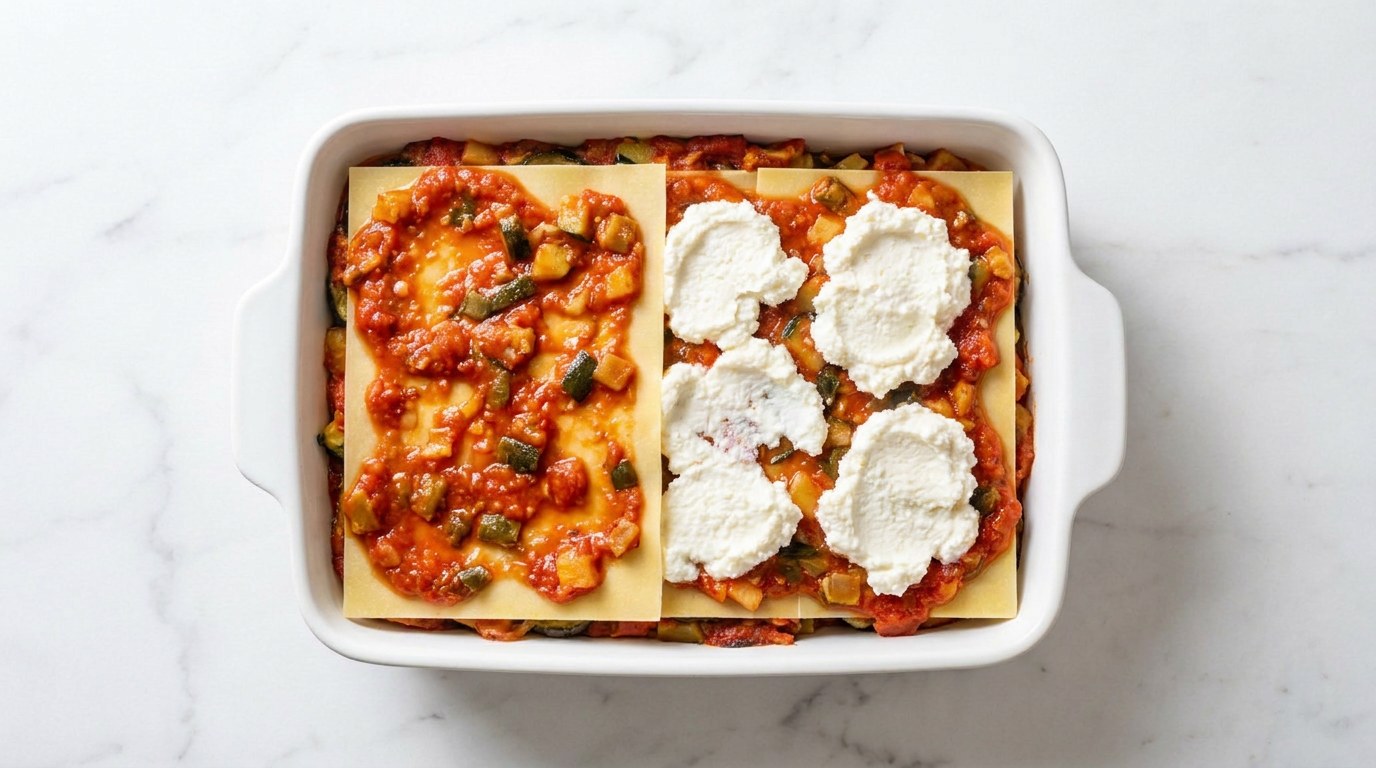Stap 4: Vul de ovenschaal met laagjes saus, lasagnebladen en ricotta, eindig met saus.