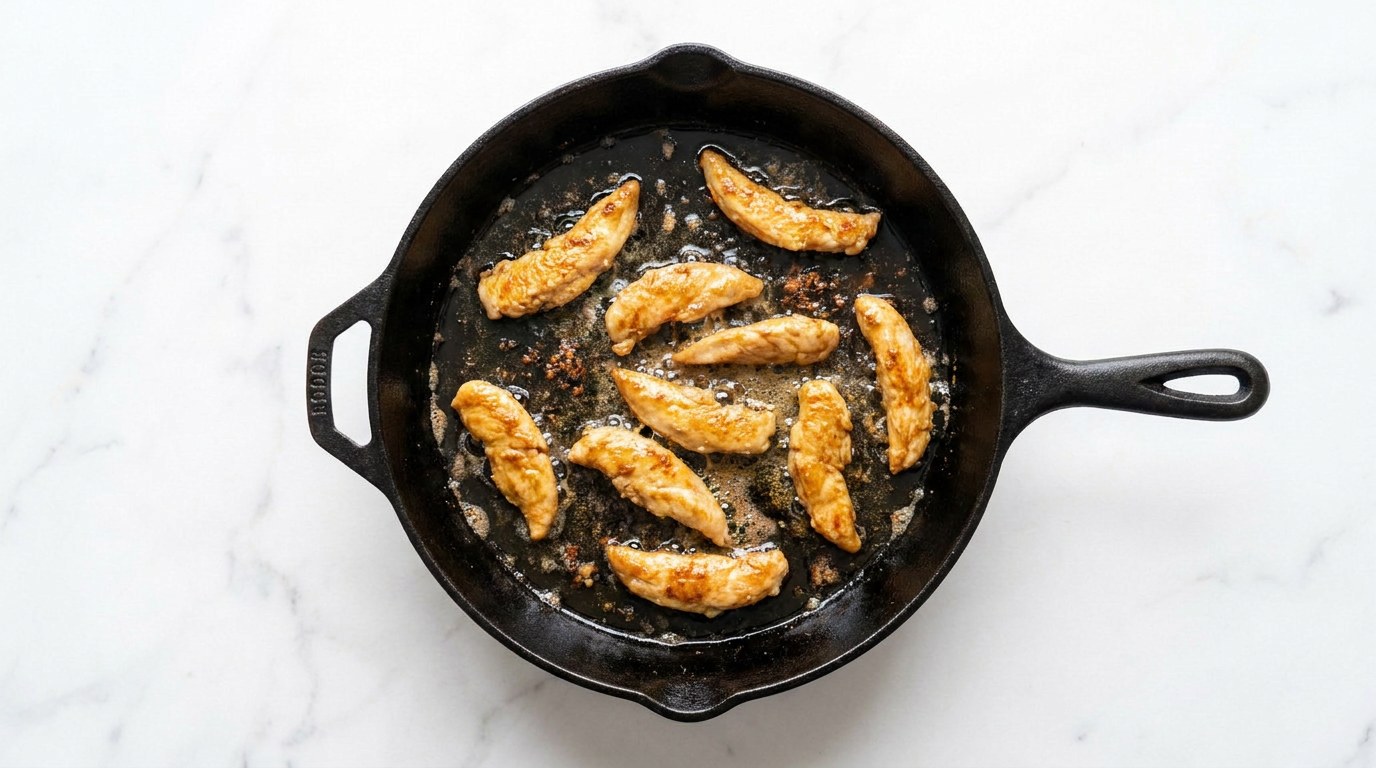 Stap 3: Snijd de kipfilet in reepjes en bak ze goudbruin in de zonnebloemolie.