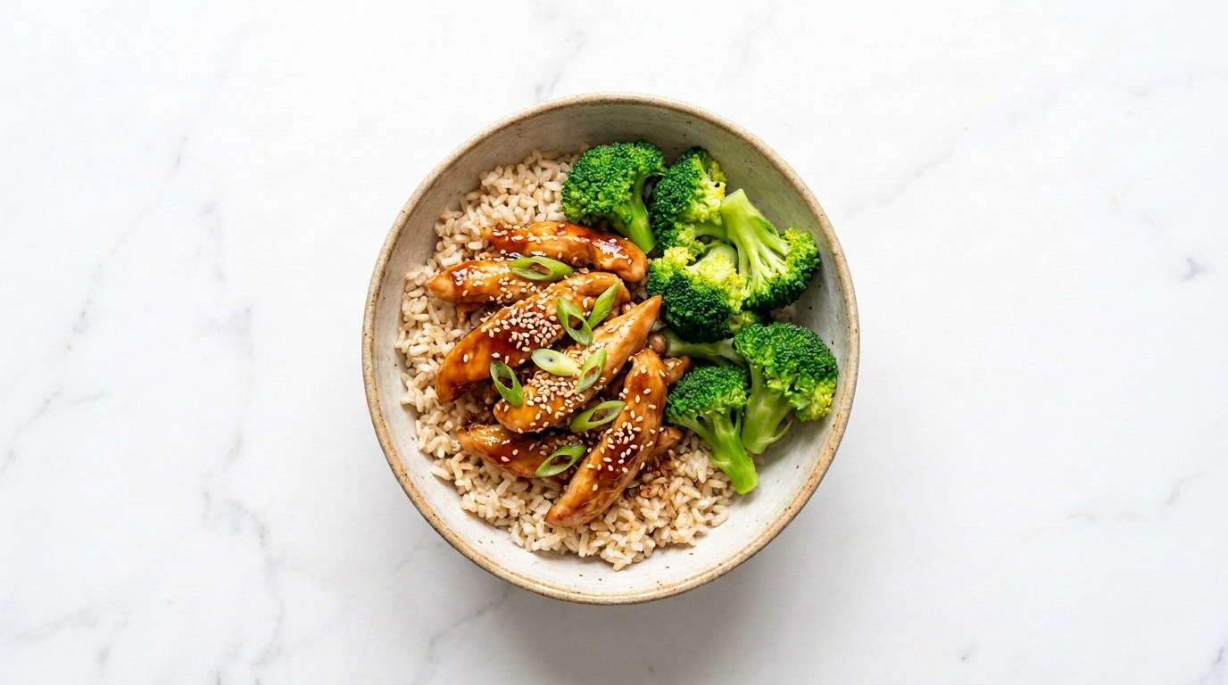 Stap 5: Verdeel de rijst en broccoli over kommen, top met de kip en bestrooi met sesamzaad en lente-ui.