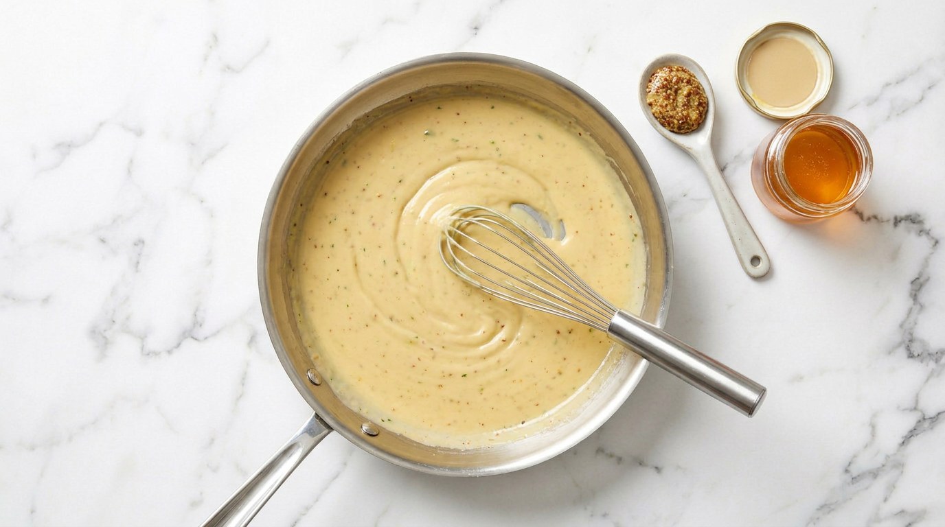 Stap 4: Roer de honing, mosterd en room door het bakvet tot een gladde saus.
