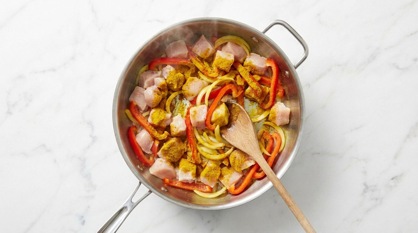 Stap 2: Bak de kip goudbruin en schep de ui, paprika en kerriepoeder erdoor.