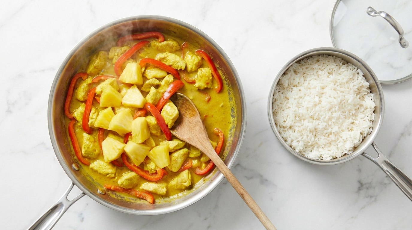 Stap 4: Kook ondertussen de rijst en roer de ananasstukjes door de saus.