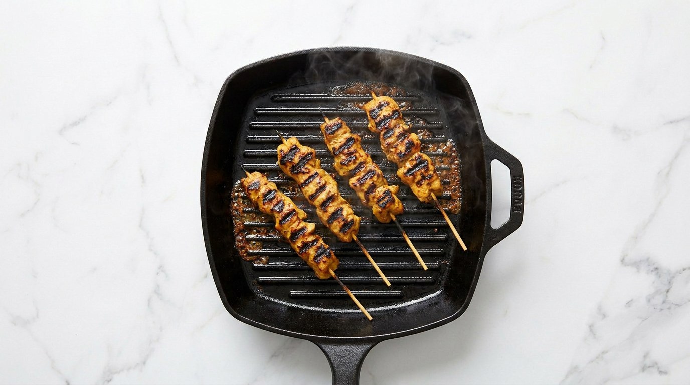 Stap 3: Grill de spiesjes in een hete grillpan rondom bruin en gaar.