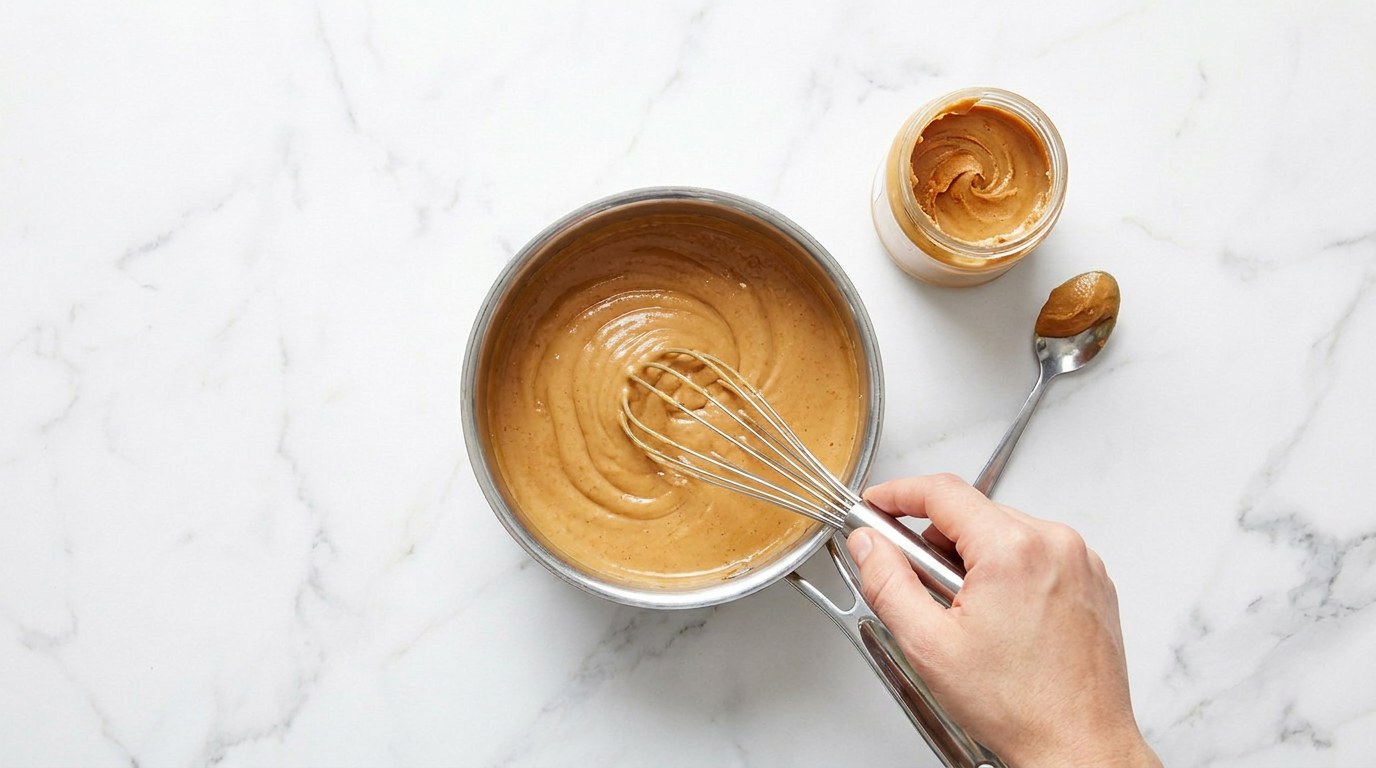 Stap 4: Roer voor de saus de pindakaas met kokosmelk, sambal en een scheut ketjap tot een gladde saus.