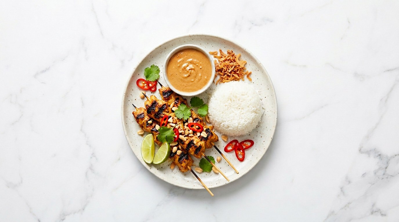 Stap 5: Serveer de saté met rijst, pindasaus en gebakken uitjes.