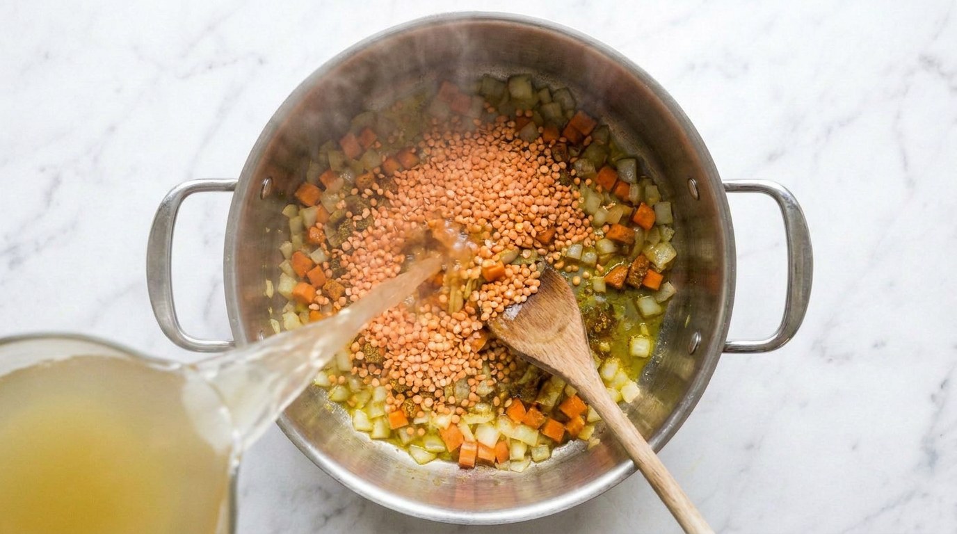 Stap 3: Voeg de linzen en bouillon toe en breng aan de kook.