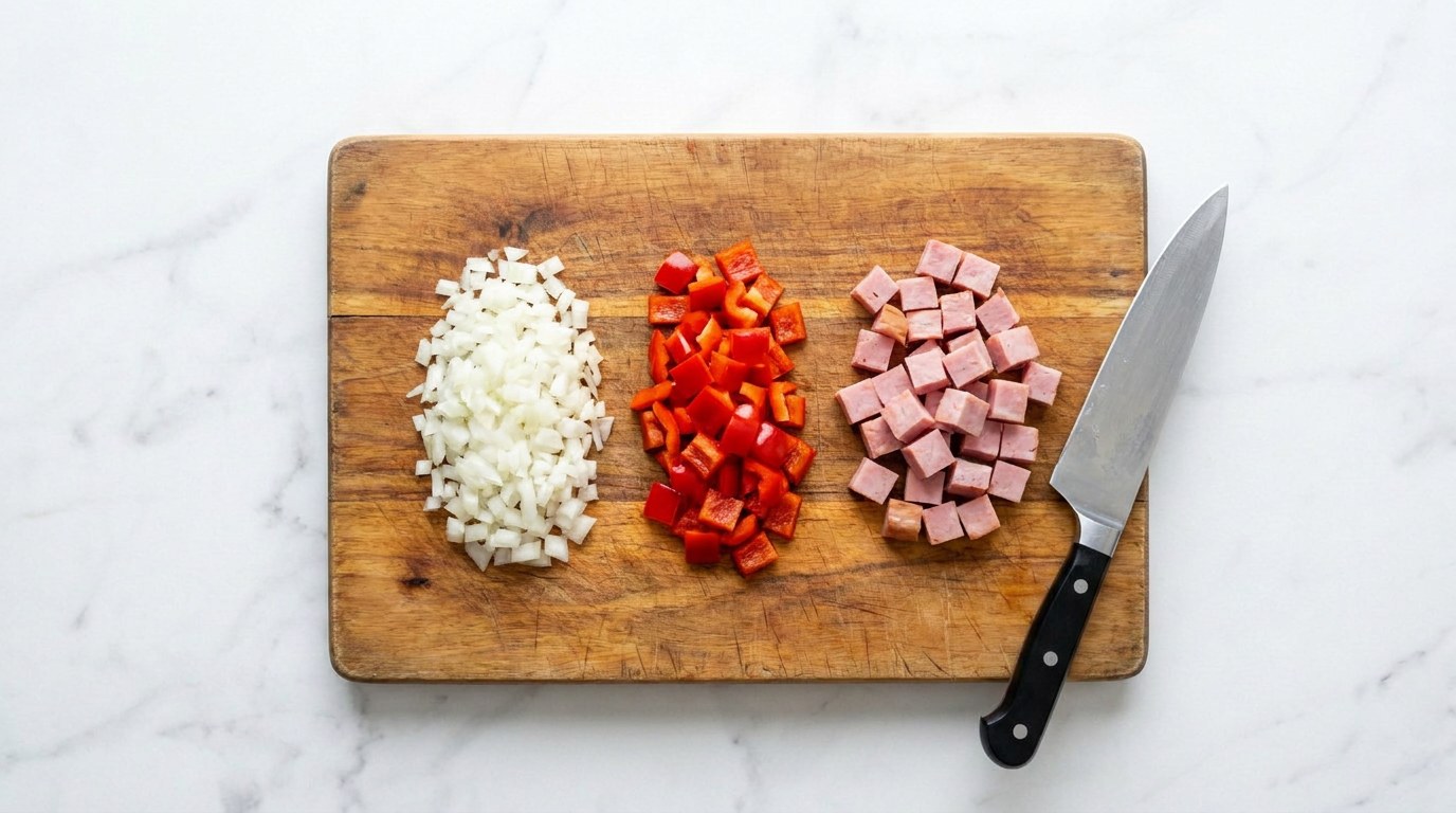 Stap 2: Snijd de ui, paprika en ham in kleine blokjes.