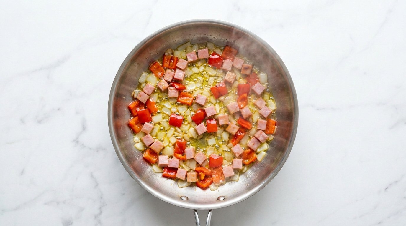 Stap 3: Fruit de ui en paprika en bak de ham kort mee.