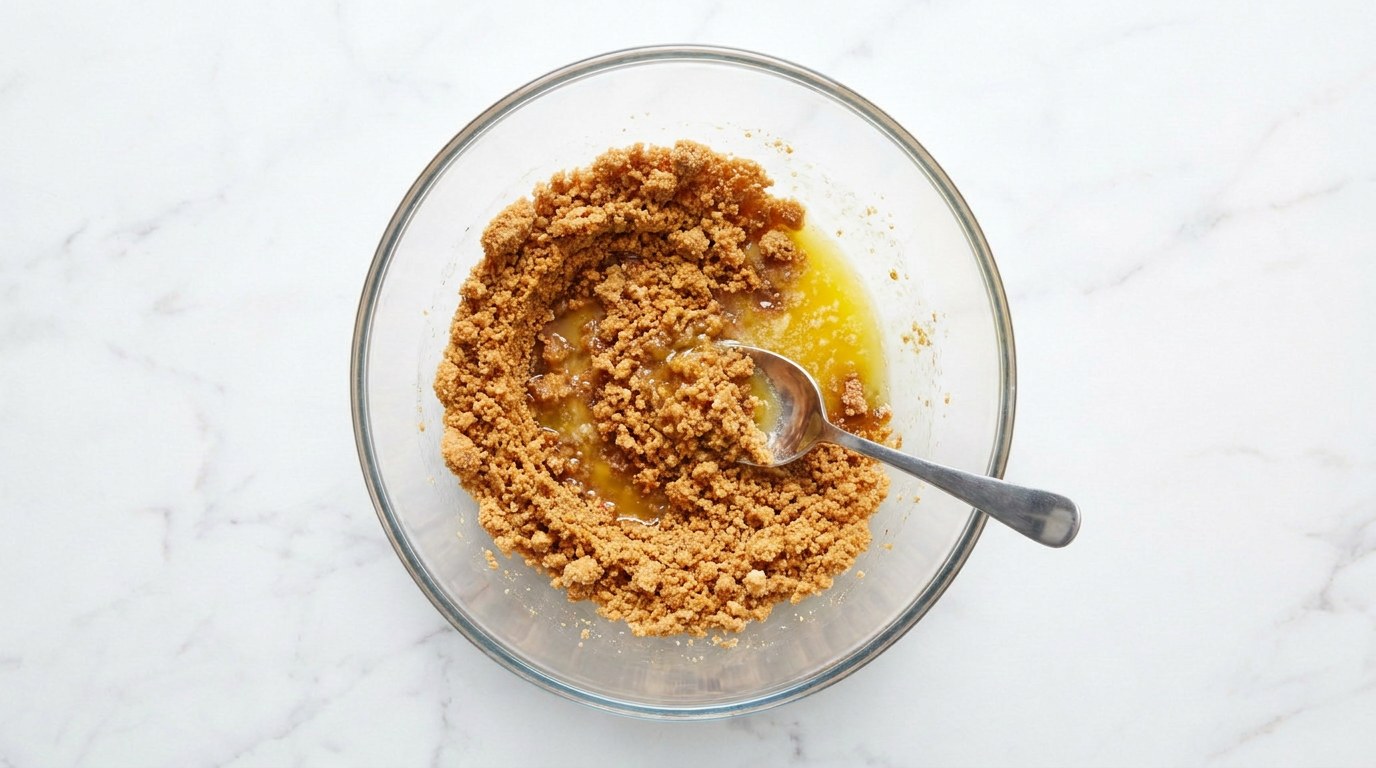 Stap 1: Verkruimel de koeken fijn en meng ze met de gesmolten boter.