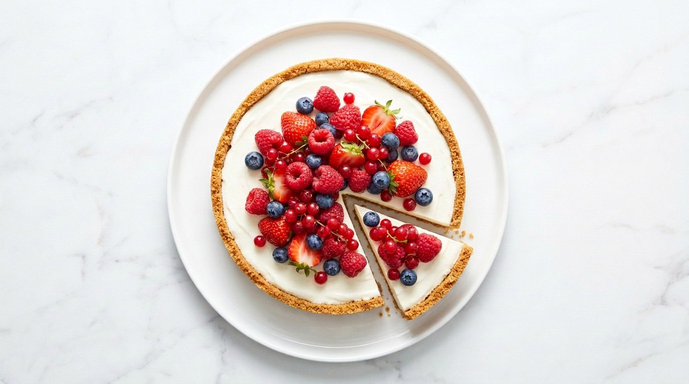Stap 5: Schep de vulling op de bodem, laat 4 uur opstijven en beleg met rood fruit.