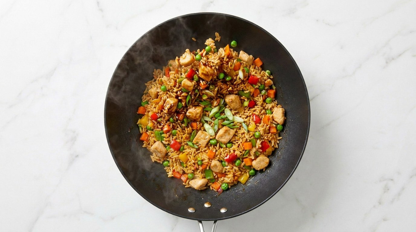 Stap 3: Schep de rijst erbij en roer de ketjap en sambal erdoor. Bak alles goed heet.