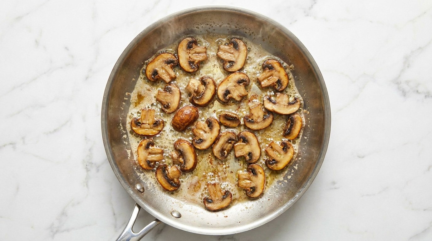 Stap 1: Snijd de champignons in plakjes en bak ze in boter tot ze goudbruin zijn.