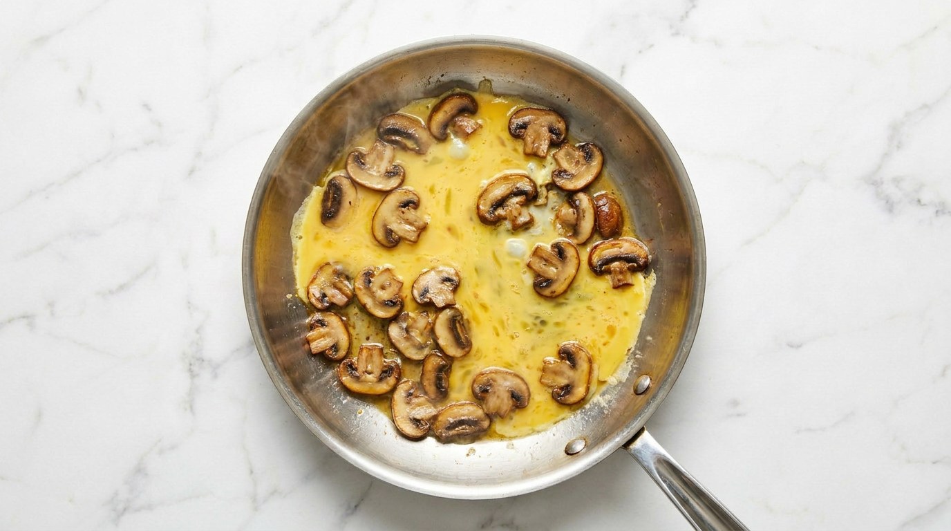 Stap 2: Klop de eieren los met zout en peper en giet ze over de champignons.