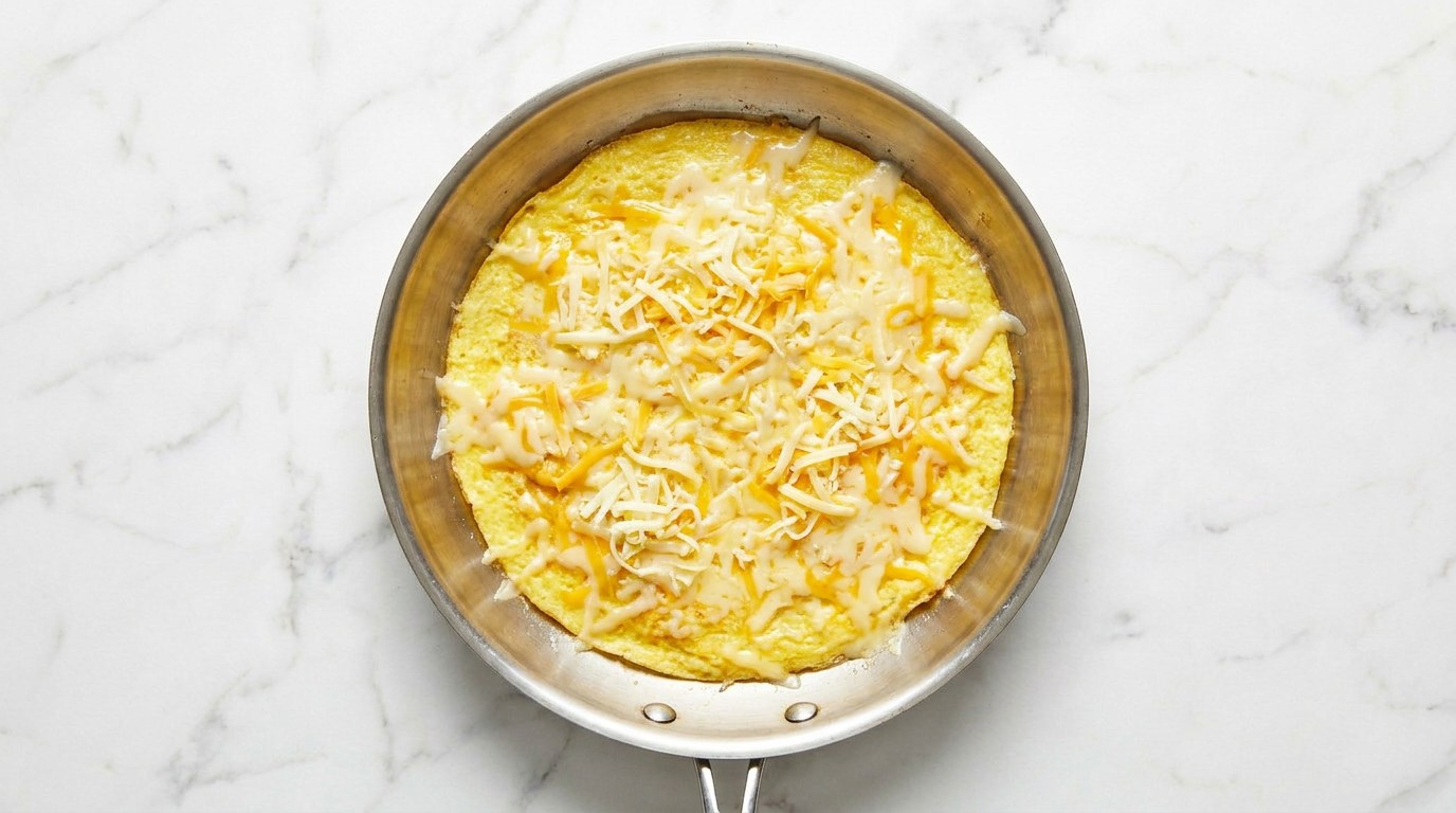 Stap 3: Laat de omelet op laag vuur stollen en strooi de kaas erover.