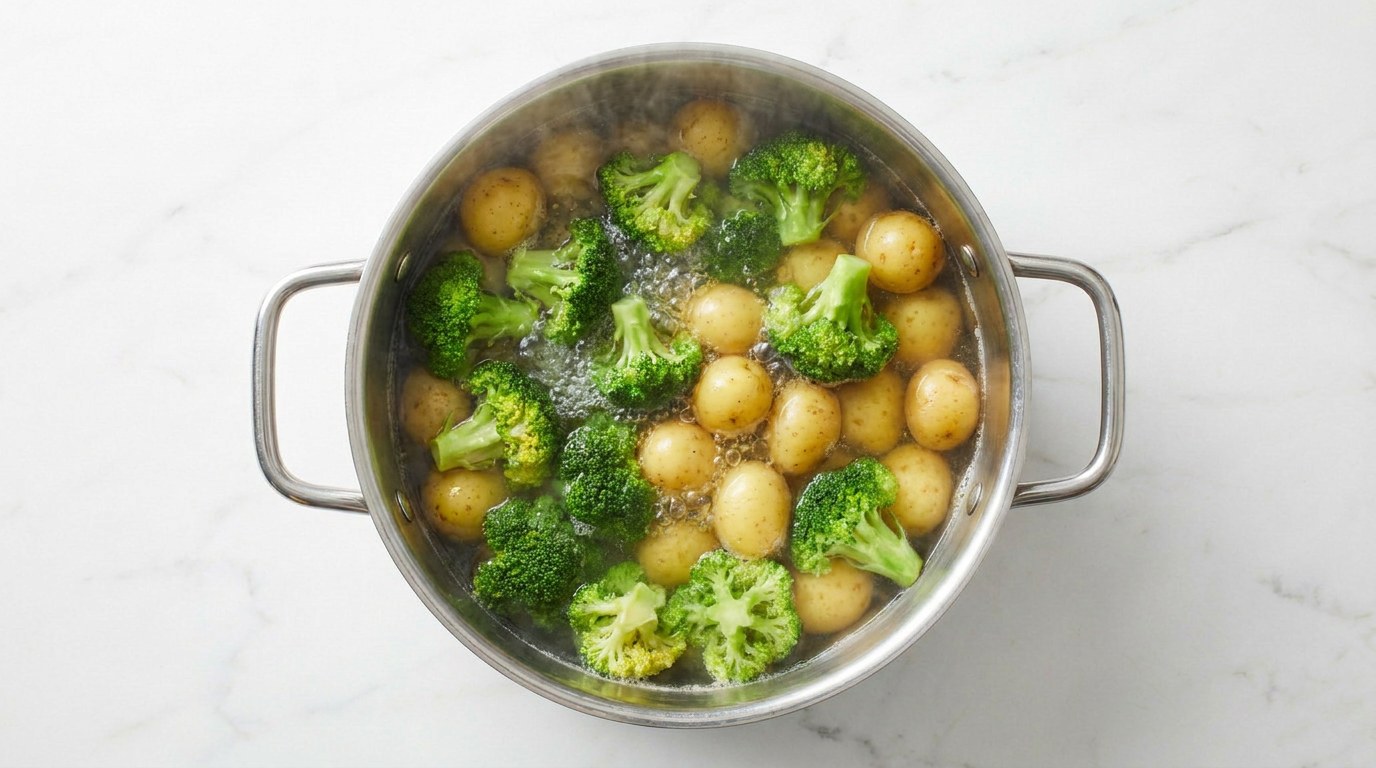 Stap 1: Verwarm de oven voor op 200 graden en kook de broccoliroosjes en krieltjes 5 minuten voor.