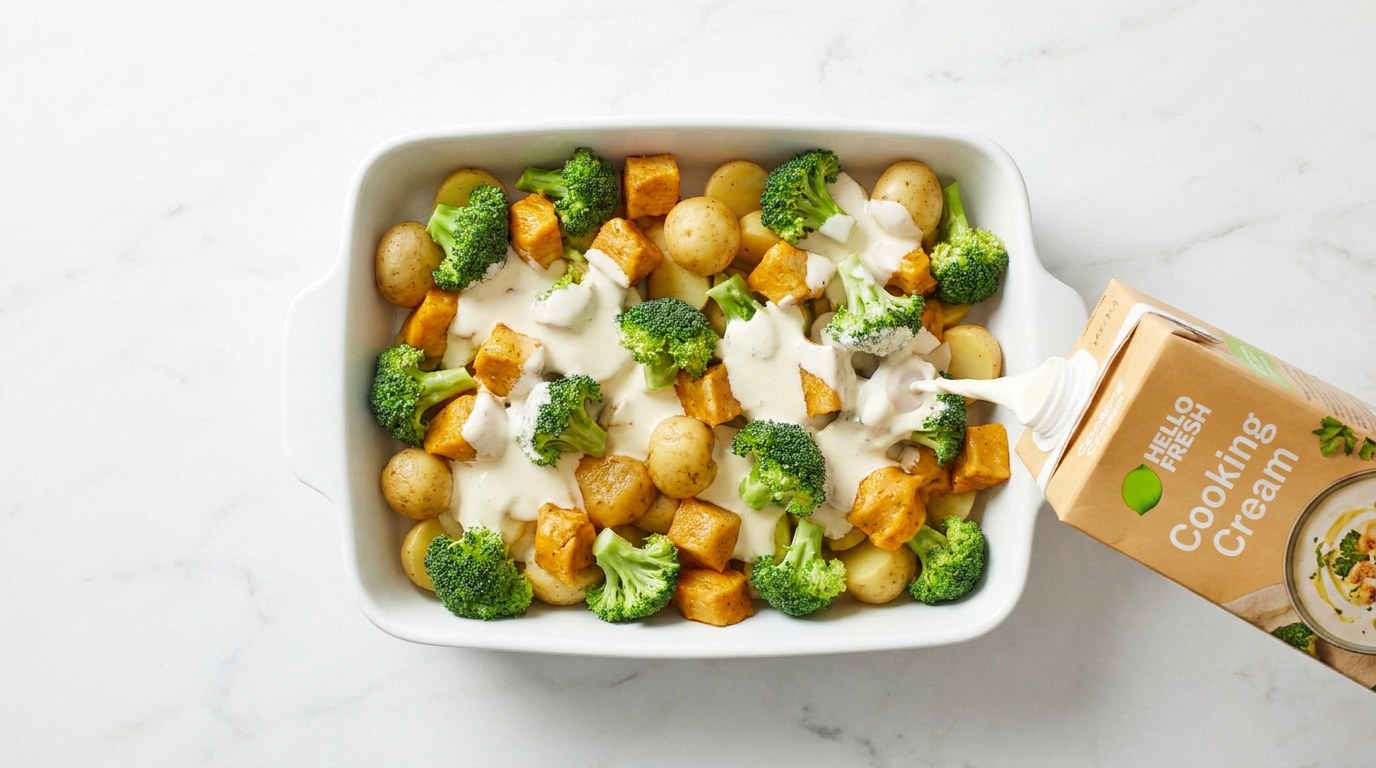 Stap 3: Verdeel de krieltjes, broccoli en kip over een ovenschaal en giet de kookroom erover.