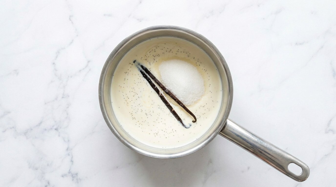 Stap 2: Verwarm de slagroom met de suiker en het opengesneden vanillestokje, maar laat het niet koken.