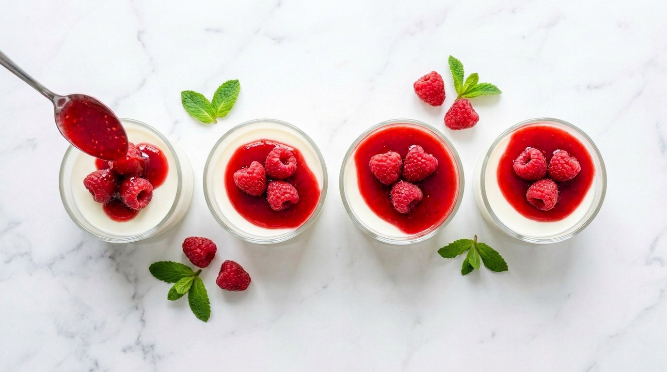 Stap 5: Kook het rode fruit kort in met citroensap en schep de saus over de panna cotta.