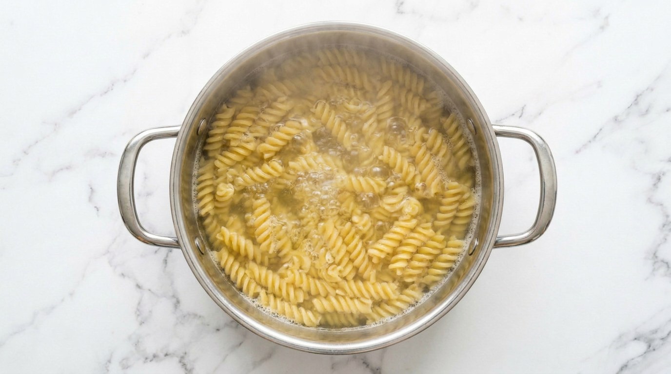 Stap 1: Kook de fusilli beetgaar, giet af en spoel kort koud.